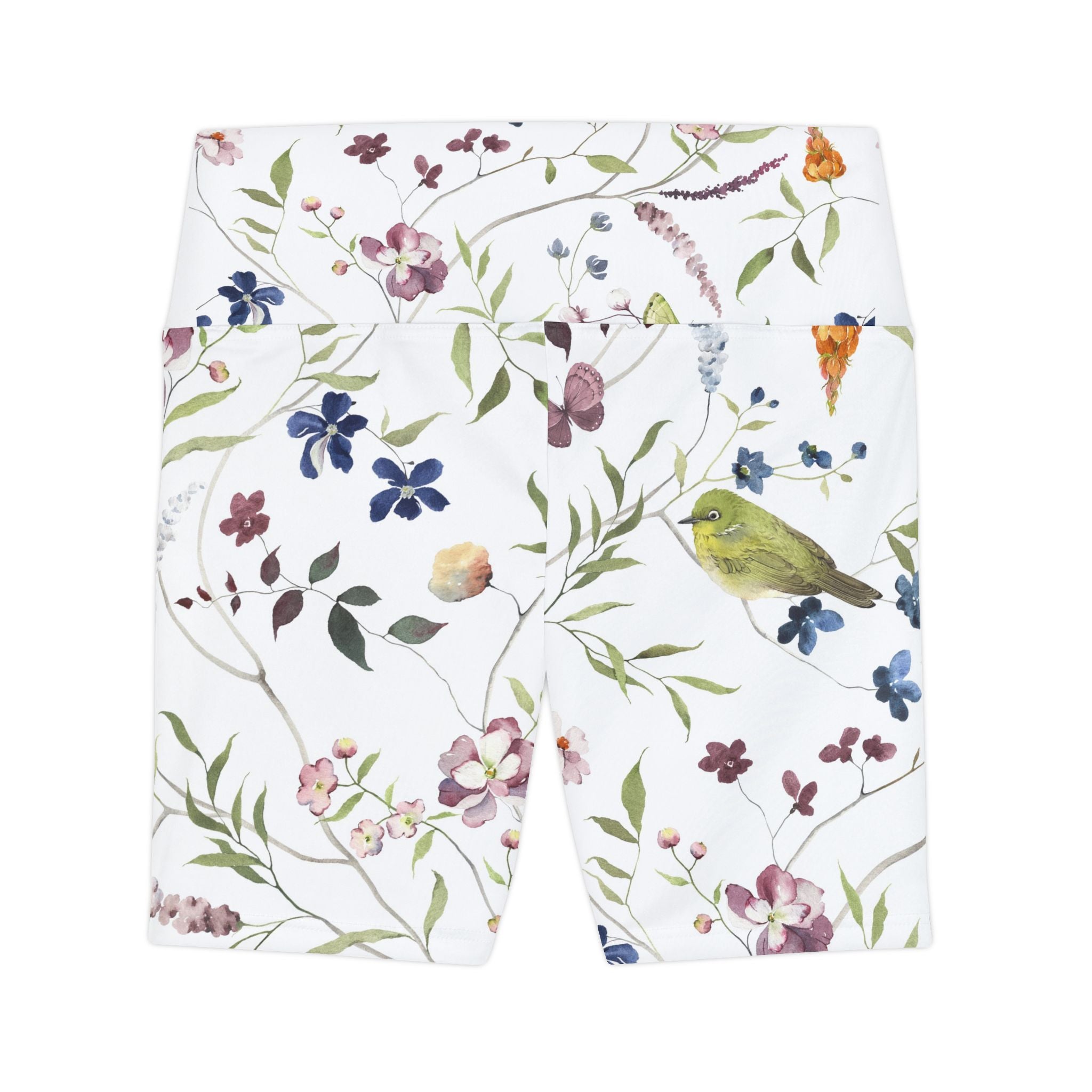 Floral Bird Print Workout Shorts — Women's High-Waist Athletic Biker Shorts