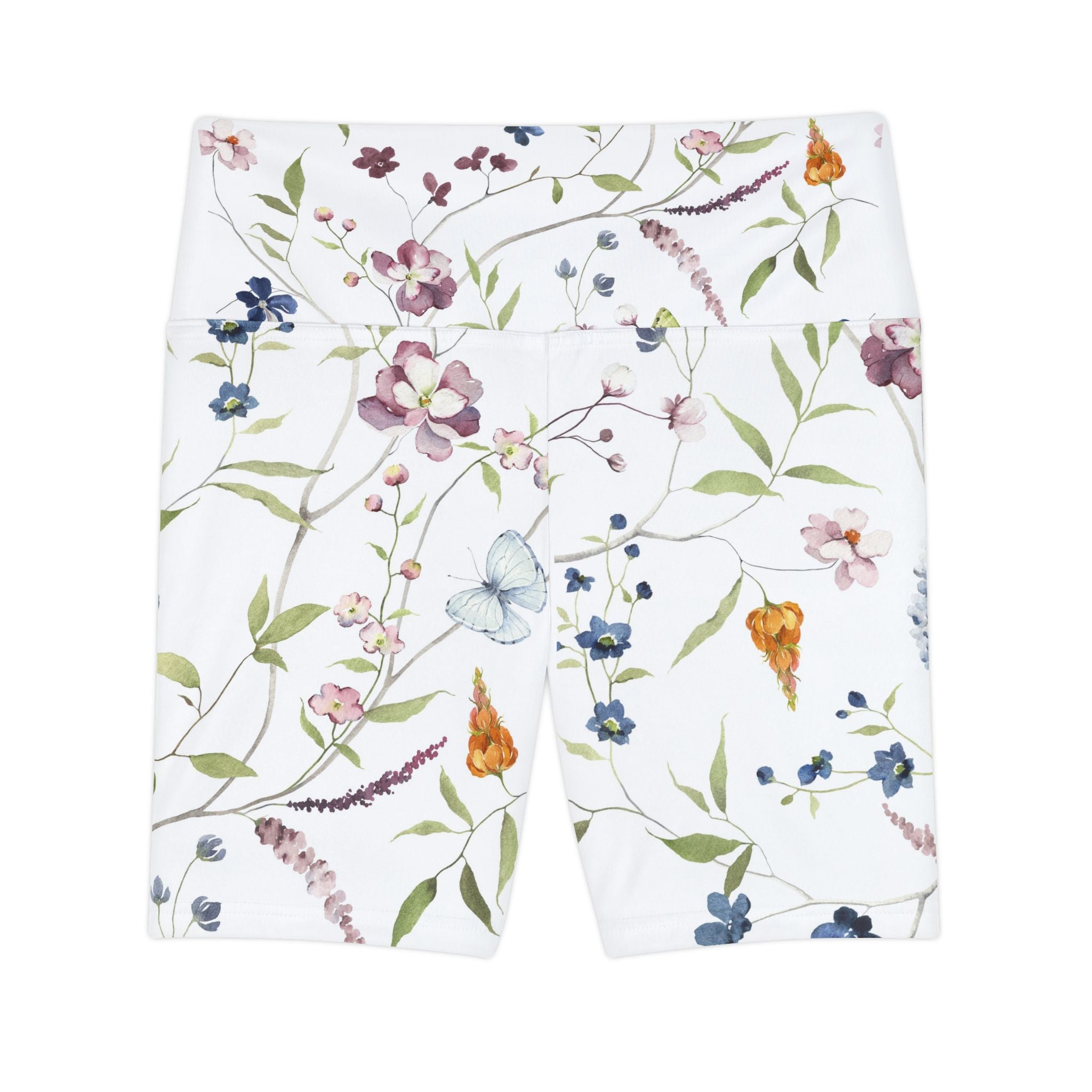 Floral Bird Print Workout Shorts — Women's High-Waist Athletic Biker Shorts