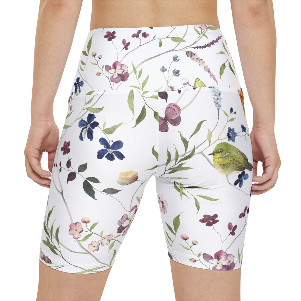 Floral Bird Print Workout Shorts — Women's High-Waist Athletic Biker Shorts
