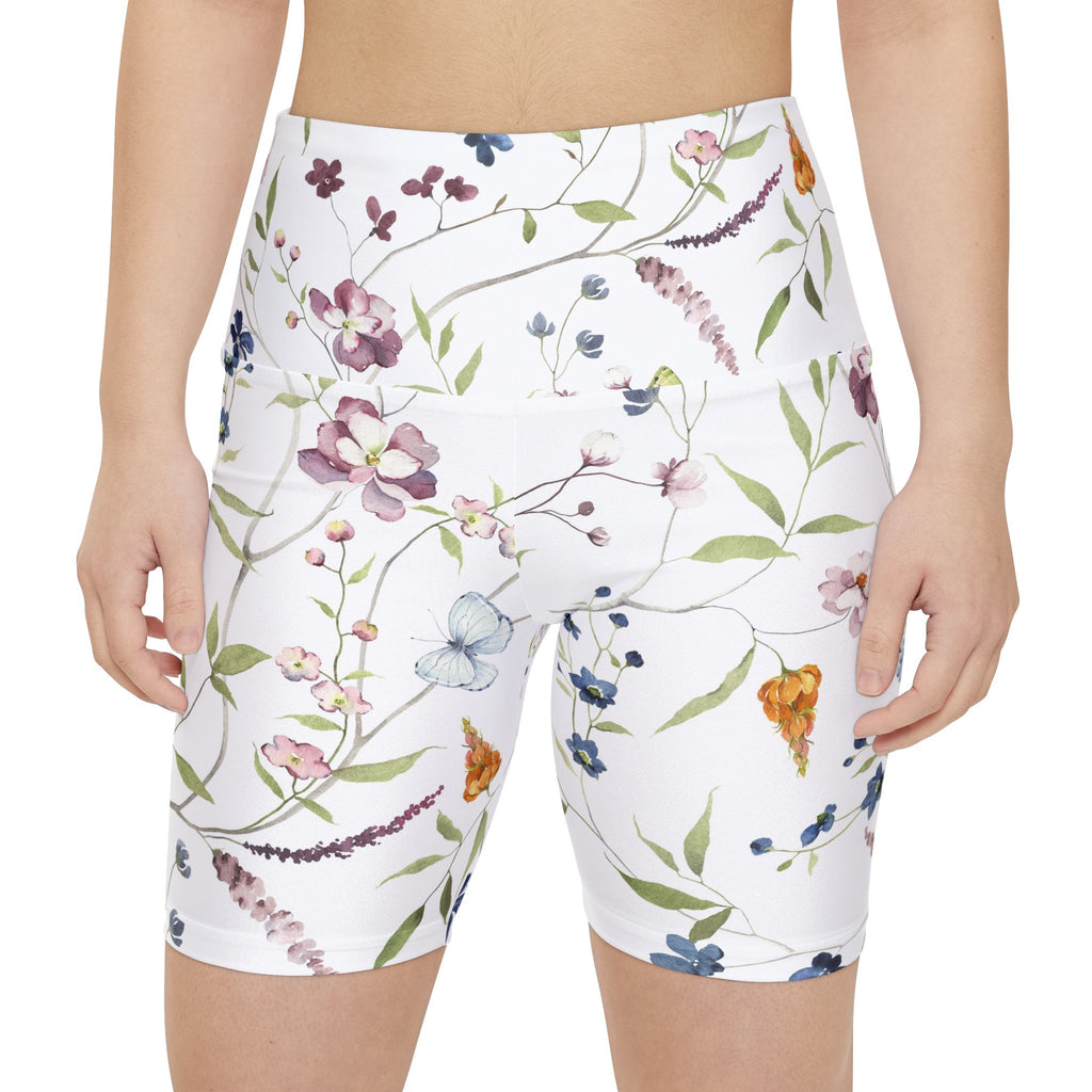 Floral Bird Print Workout Shorts — Women's High-Waist Athletic Biker Shorts