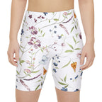 Floral Bird Print Workout Shorts — Women's High-Waist Athletic Biker Shorts