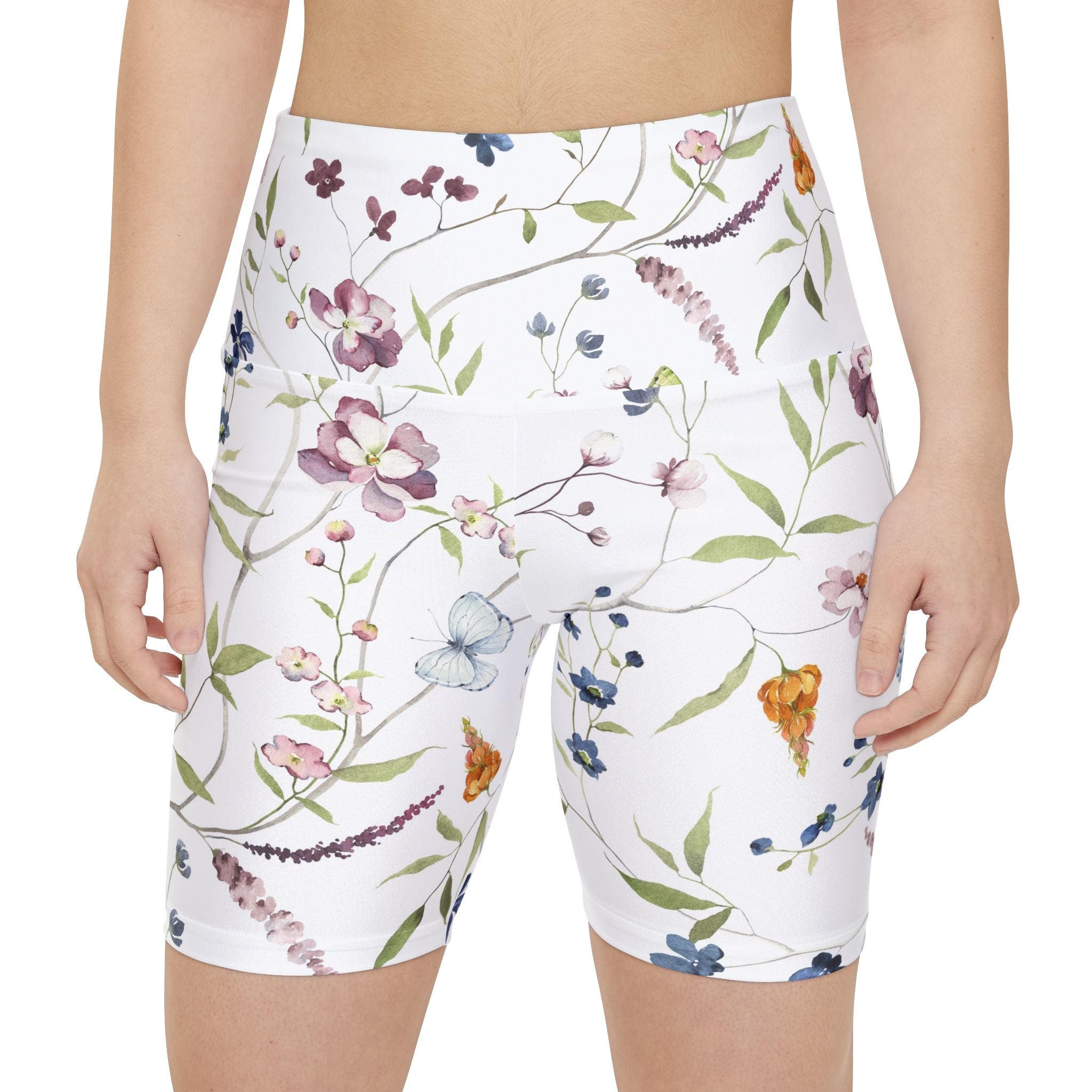 Floral Bird Print Workout Shorts — Women's High-Waist Athletic Biker Shorts